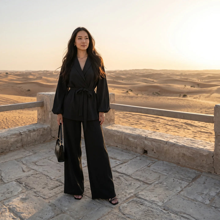 A woman wears a black textured wide-leg trouser suit with a self-tie blazer, posing against a desert landscape at sunset.