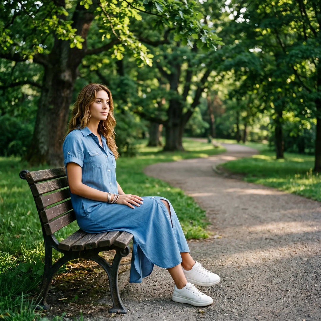 A woman wears a medium blue wash denim shirt dress with a midi length, short rolled sleeves, and side slits while sitting on a park bench.