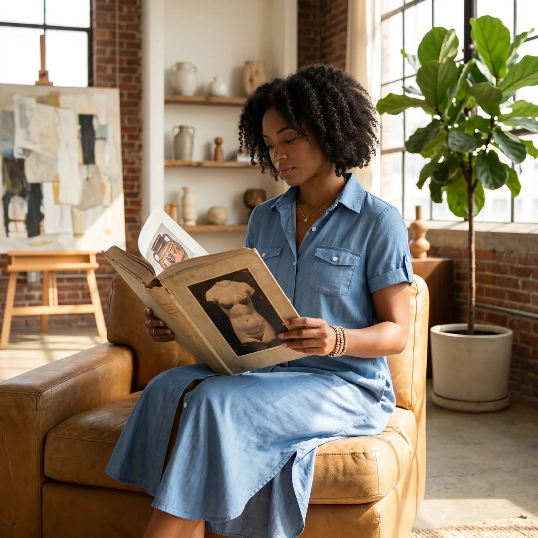 A woman wearing a medium blue wash denim shirt dress with short rolled sleeves, seated comfortably in a leather armchair, reading a book in a well-lit, artistic studio setting.