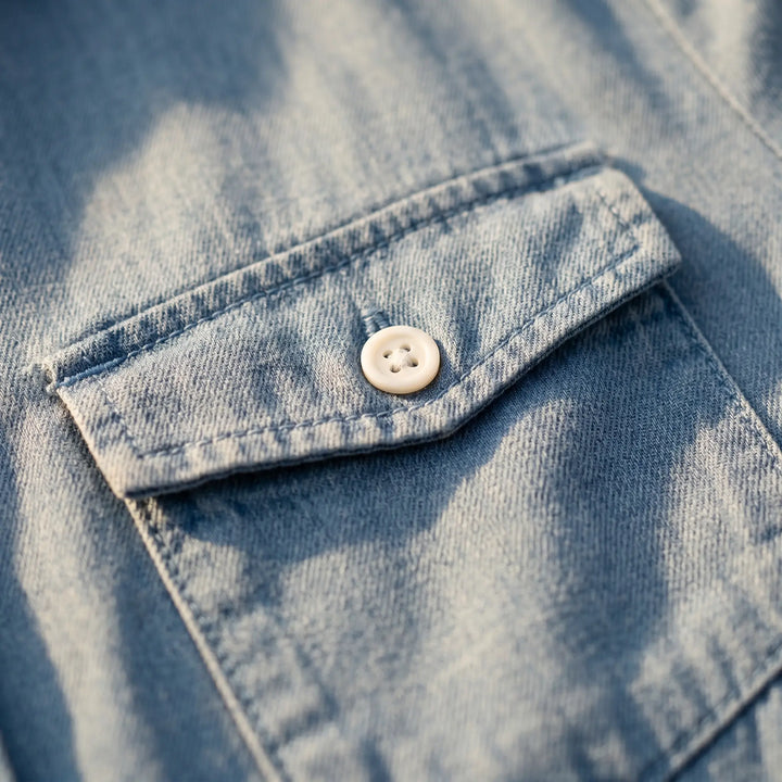 Close-up of a medium blue wash denim shirt dress pocket showing intricate stitching and a classic white button, highlighting the fabric&