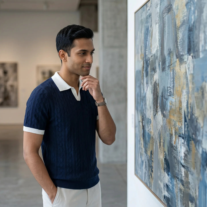 Man in a navy blue short-sleeve knit polo shirt with white collar and cuffs, viewing art in a gallery.