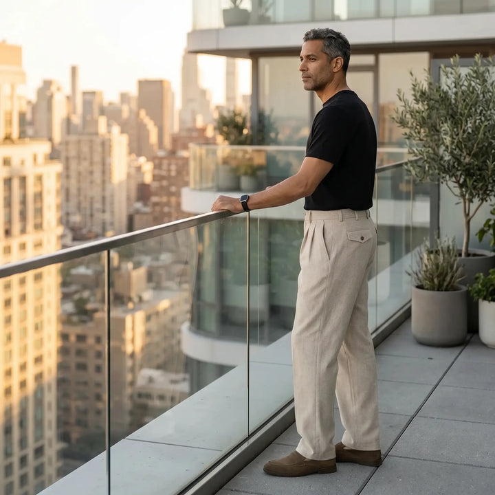 Man in oat-beige wool blend trousers with a straight leg and pleats, standing on a city balcony at sunset, showcasing elegant comfort and timeless style.
