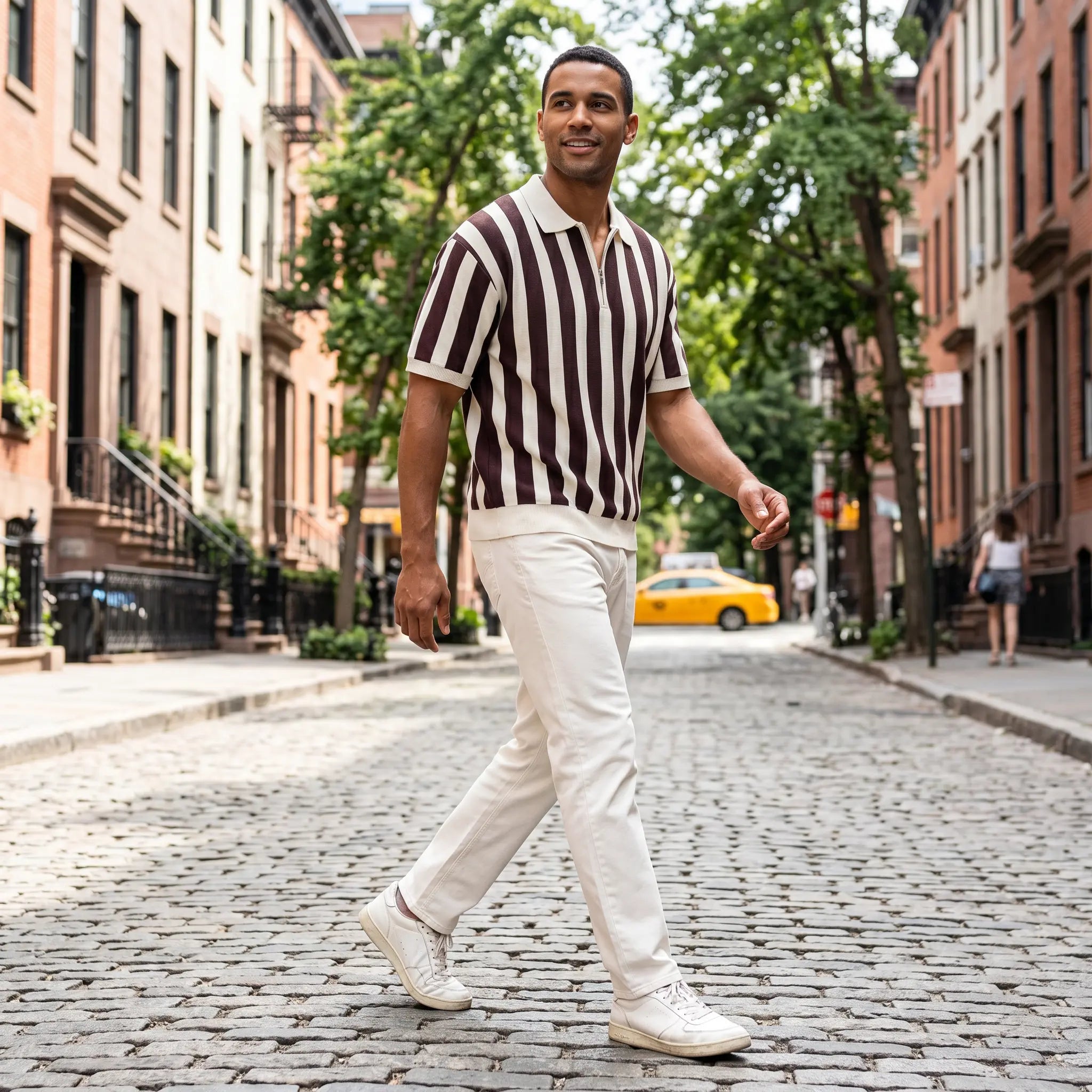 Man wearing a brown and cream vertical striped knit polo with a quarter-zip, paired with white pants, walking down a cobblestone street in a city.