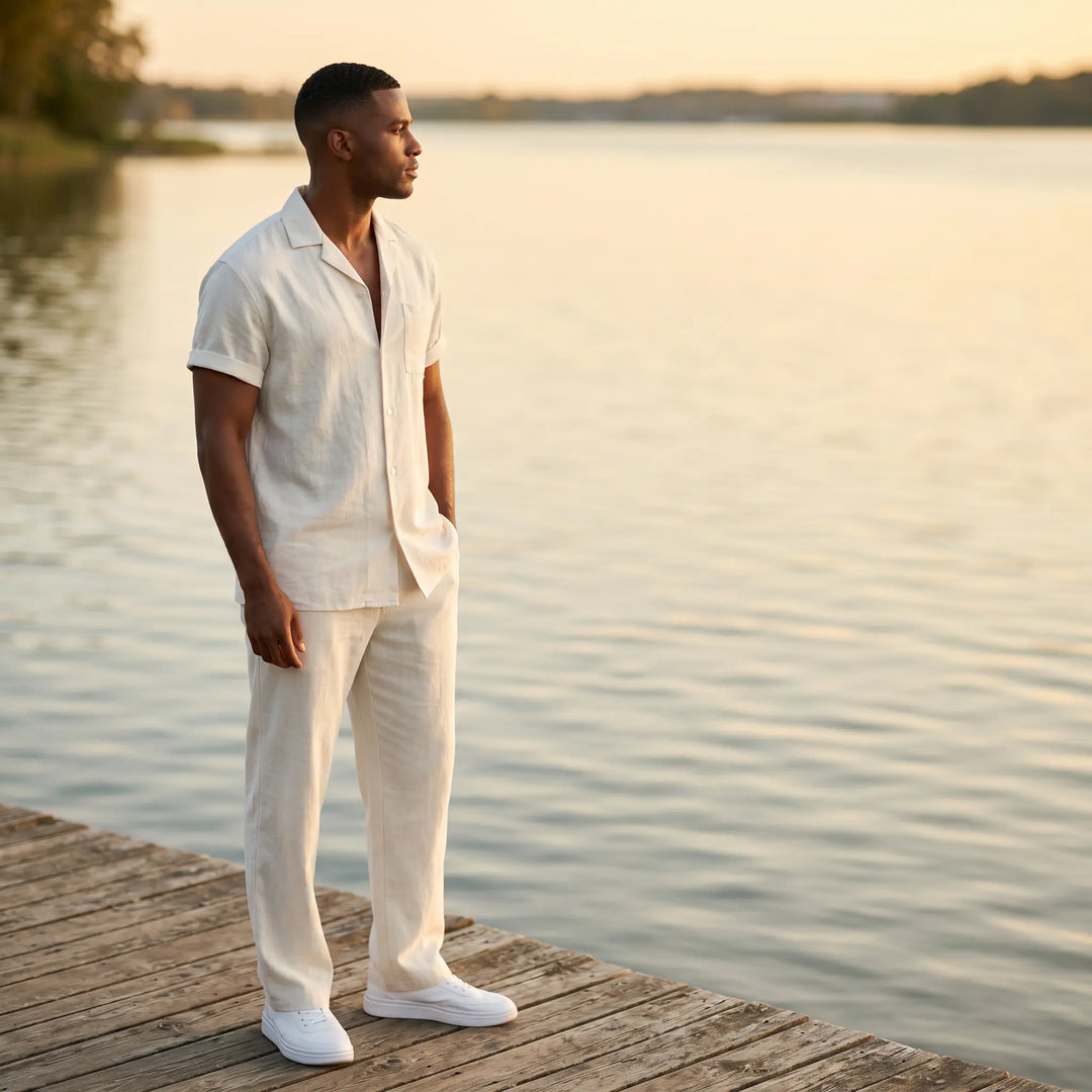 Man wearing a relaxed off-white linen-blend two-piece casual set, featuring a camp collar shirt and straight-leg trousers, standing on a wooden dock by the water at sunset.