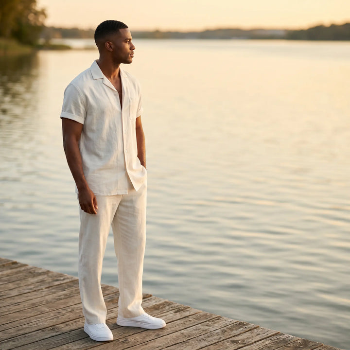 Man wearing a relaxed off-white linen-blend two-piece casual set, featuring a camp collar shirt and straight-leg trousers, standing on a wooden dock by the water at sunset.