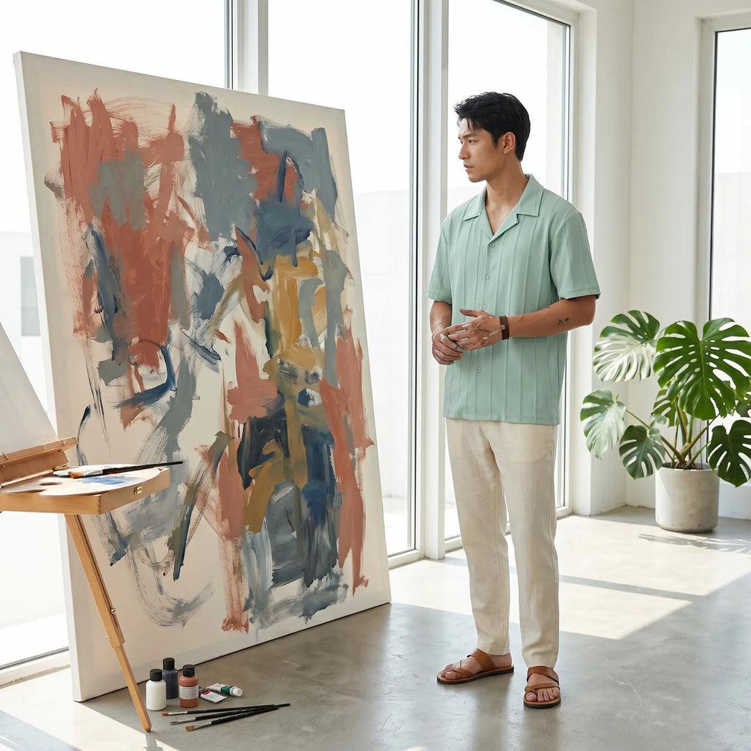 Man in pale mint green Cuban collar shirt with subtle vertical ribbing and beige trousers stands in an art studio looking at a large abstract painting.