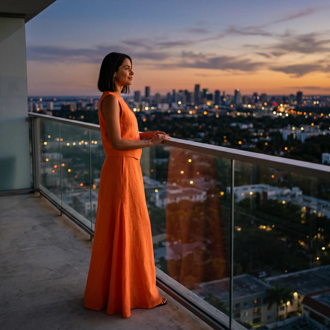 Vibrant marigold orange linen-blend vest and flowing maxi skirt set worn by a woman on a balcony overlooking a city skyline at sunset.