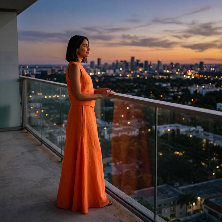Vibrant marigold orange linen-blend vest and flowing maxi skirt set worn by a woman on a balcony overlooking a city skyline at sunset.