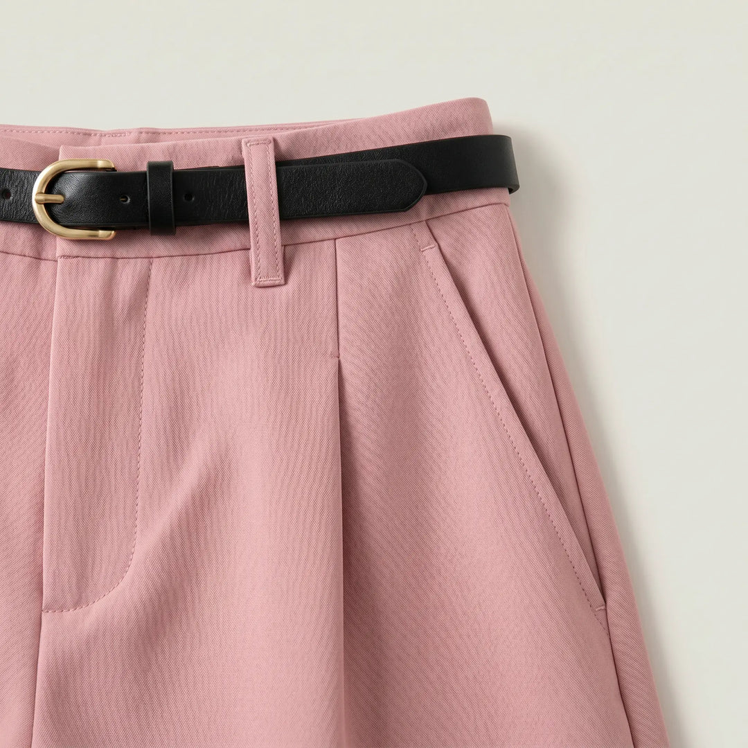 Close-up view of pink high-waisted tailored shorts showcasing sharp front pleats, a black belt with gold buckle, and diagonal pocket detail in a studio setting.