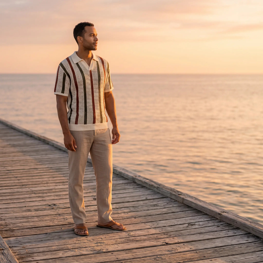 Man wearing a Rysol striped open-knit short-sleeve polo shirt and beige trousers, standing on a wooden pier at sunset with the ocean in the background.