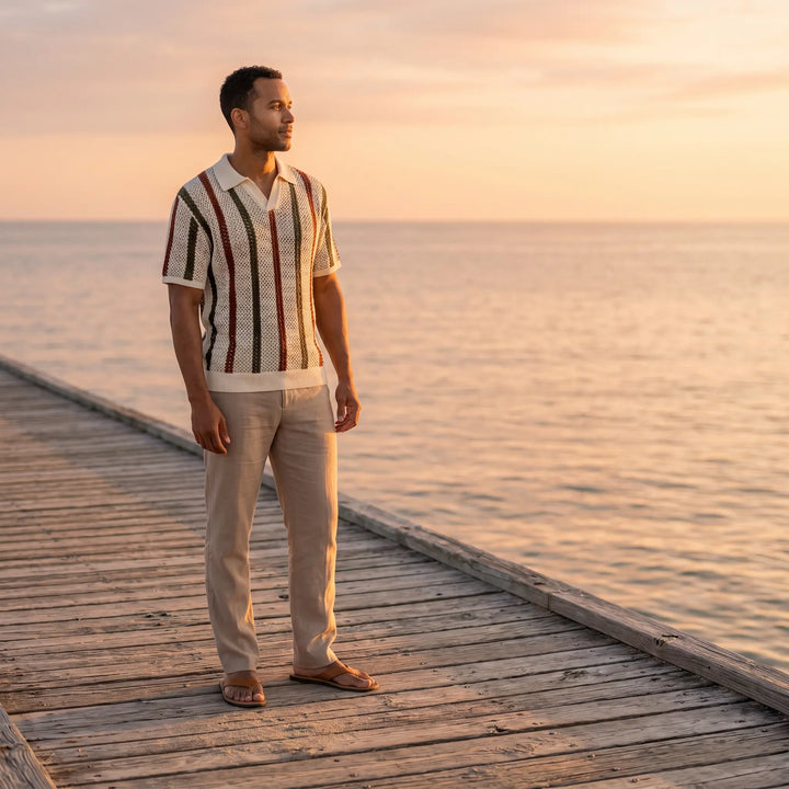 Man wearing a Rysol striped open-knit short-sleeve polo shirt and beige trousers, standing on a wooden pier at sunset with the ocean in the background.