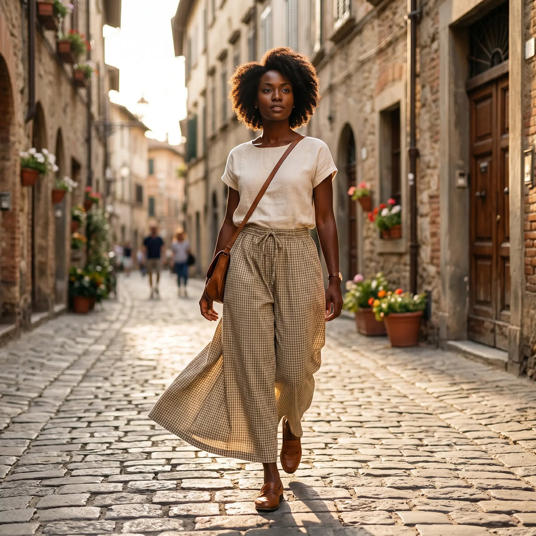 Woman walking down a cobblestone street wearing high-rise, wide-leg trousers in a fine oat beige plaid pattern, featuring a gathered ankle cuff and a relaxed fit.