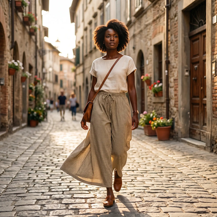 Woman walking down a cobblestone street wearing high-rise, wide-leg trousers in a fine oat beige plaid pattern, featuring a gathered ankle cuff and a relaxed fit.