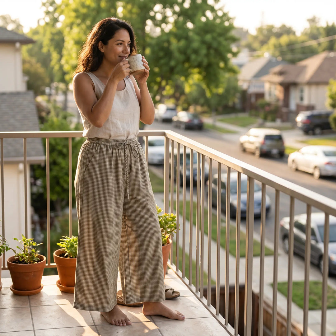 Woman wearing Zelphyr wide-leg plaid trousers and a tank top, enjoying a drink on a sunny balcony with a suburban street view.