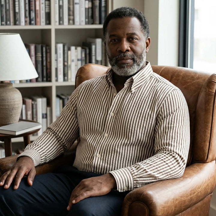 Man with grey beard wearing a Zenthos classic fit long-sleeved striped linen-blend shirt, seated in a leather armchair with bookshelves in the background.