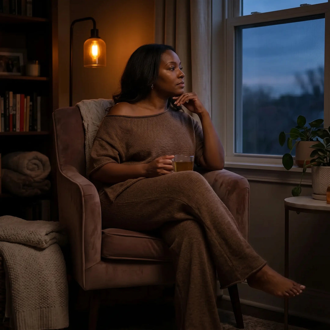 Woman relaxing in a warm, deep brown ribbed knit loungewear set with an asymmetrical off-shoulder top and wide-leg pants, sitting in a comfortable chair indoors during twilight.