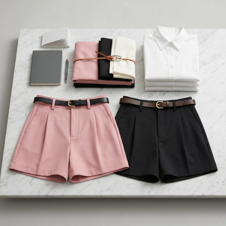 Flat lay of Zylae high-waisted pleated shorts in blush pink and black, styled with folded shirts, fabric swatches, notebook, and pen on a marble surface.